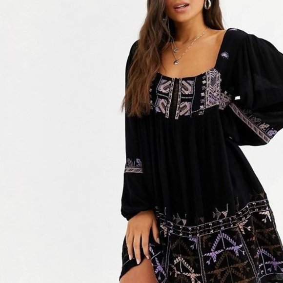 Free People Rhiannon Embroidered Babydoll Dress Black Purple Size XS New - Picture 12 of 12